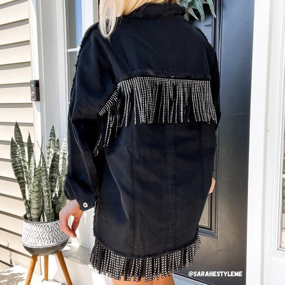 Main Strip Stud Fringe Raw Hem Oversized Black Denim Jacket Shacket CJ60713 - Picture 3 of 16